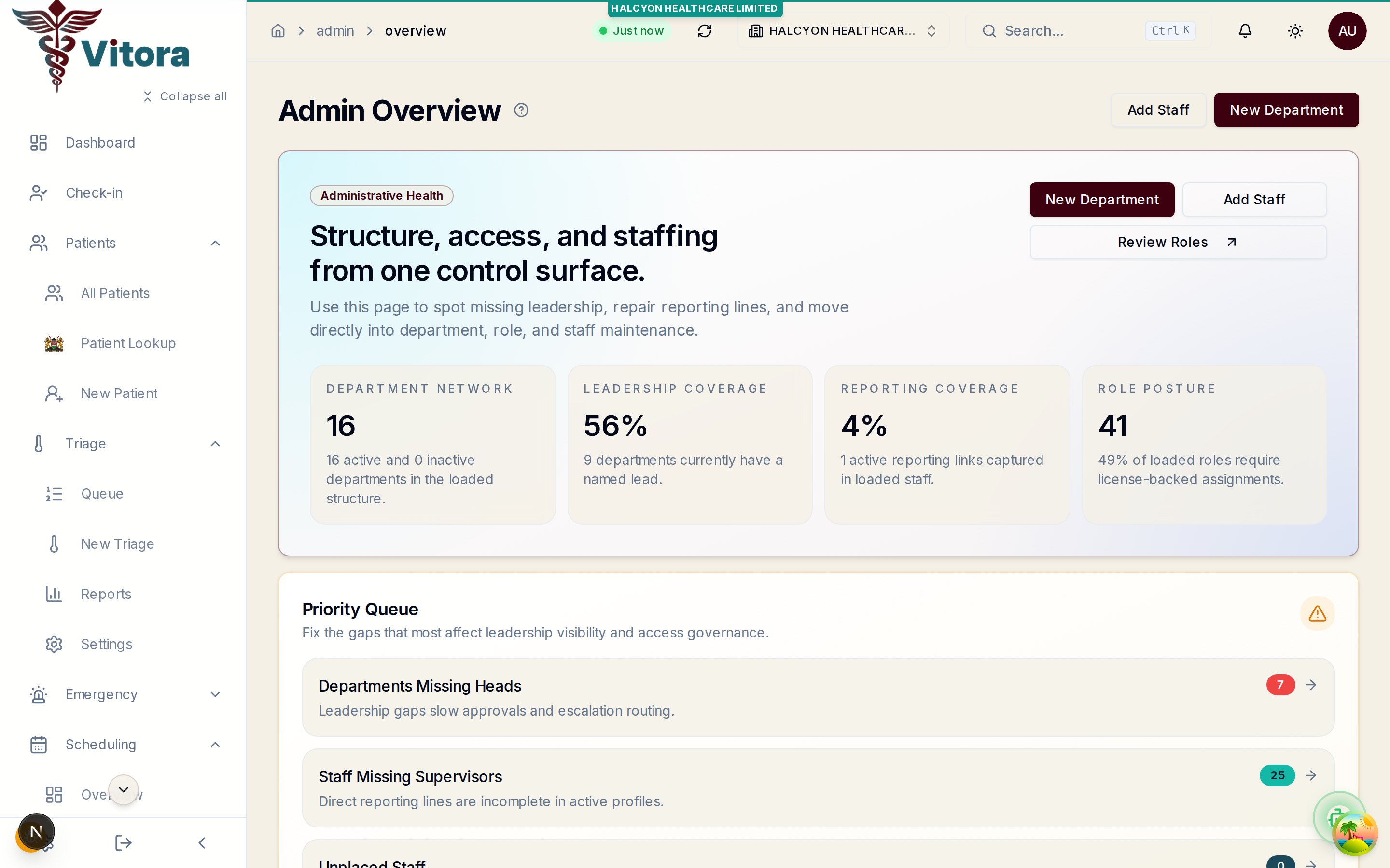 Vitora admin dashboard with organization management