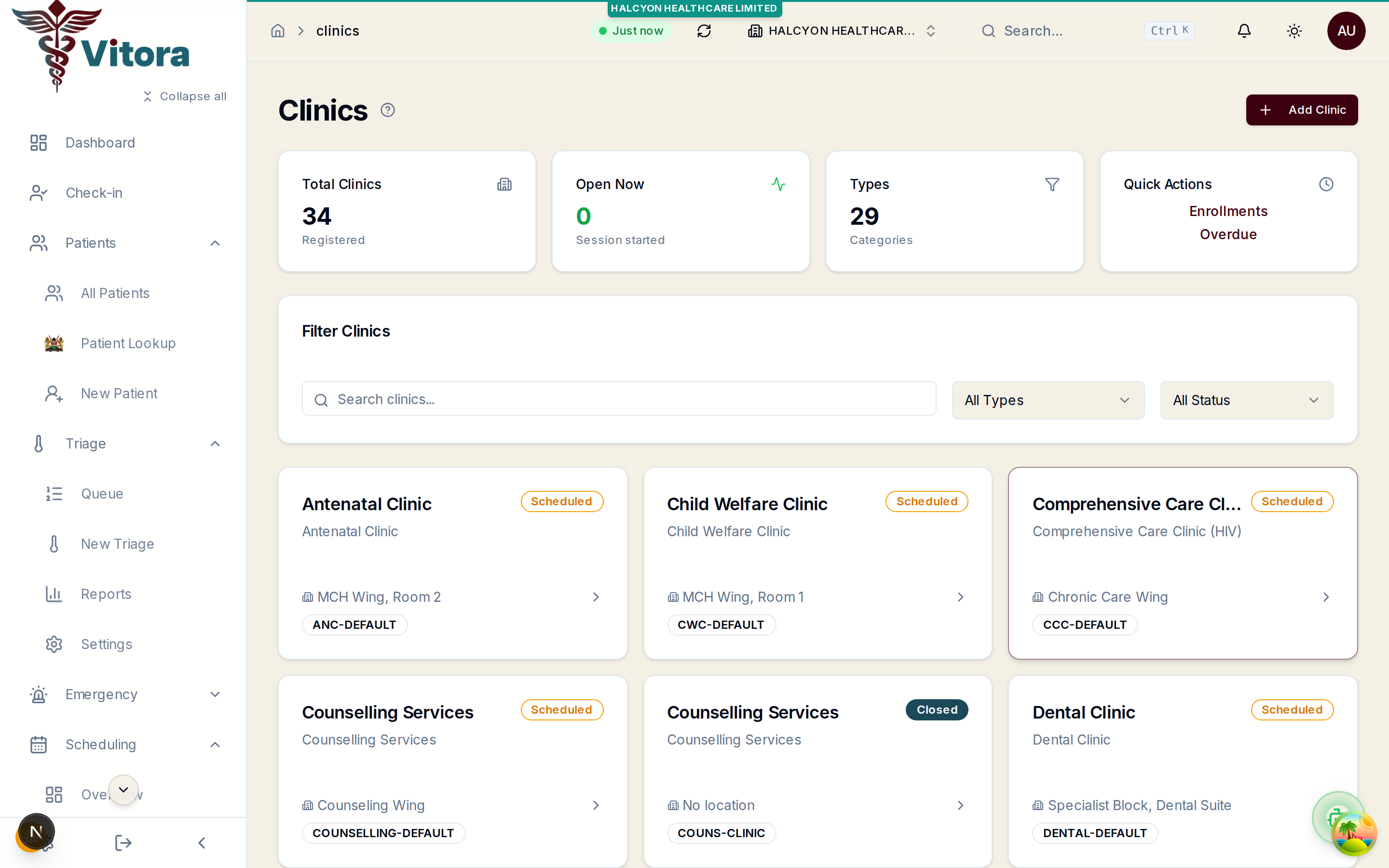 Vitora clinic configuration and session management