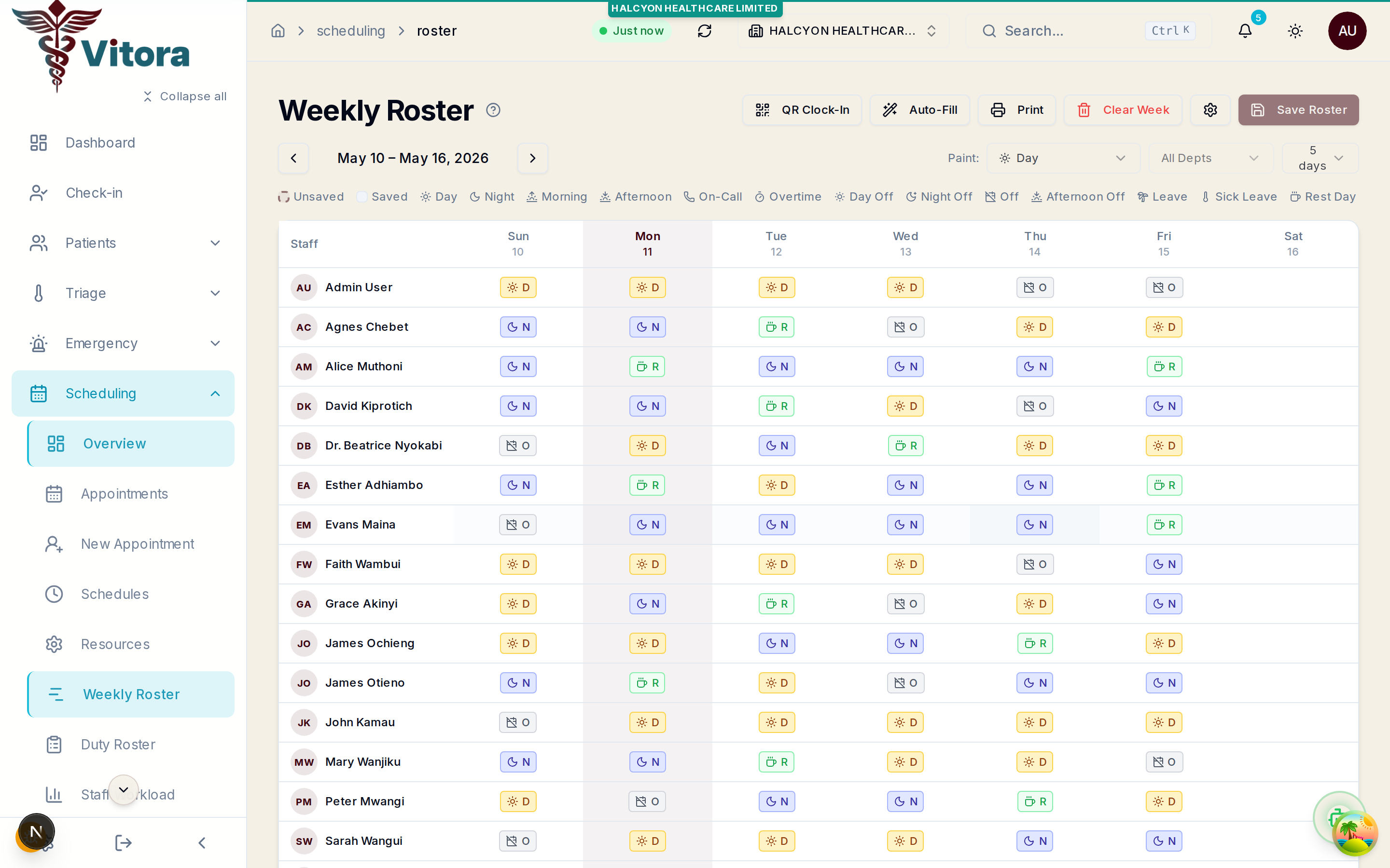 Vitora staff scheduling with weekly roster grid