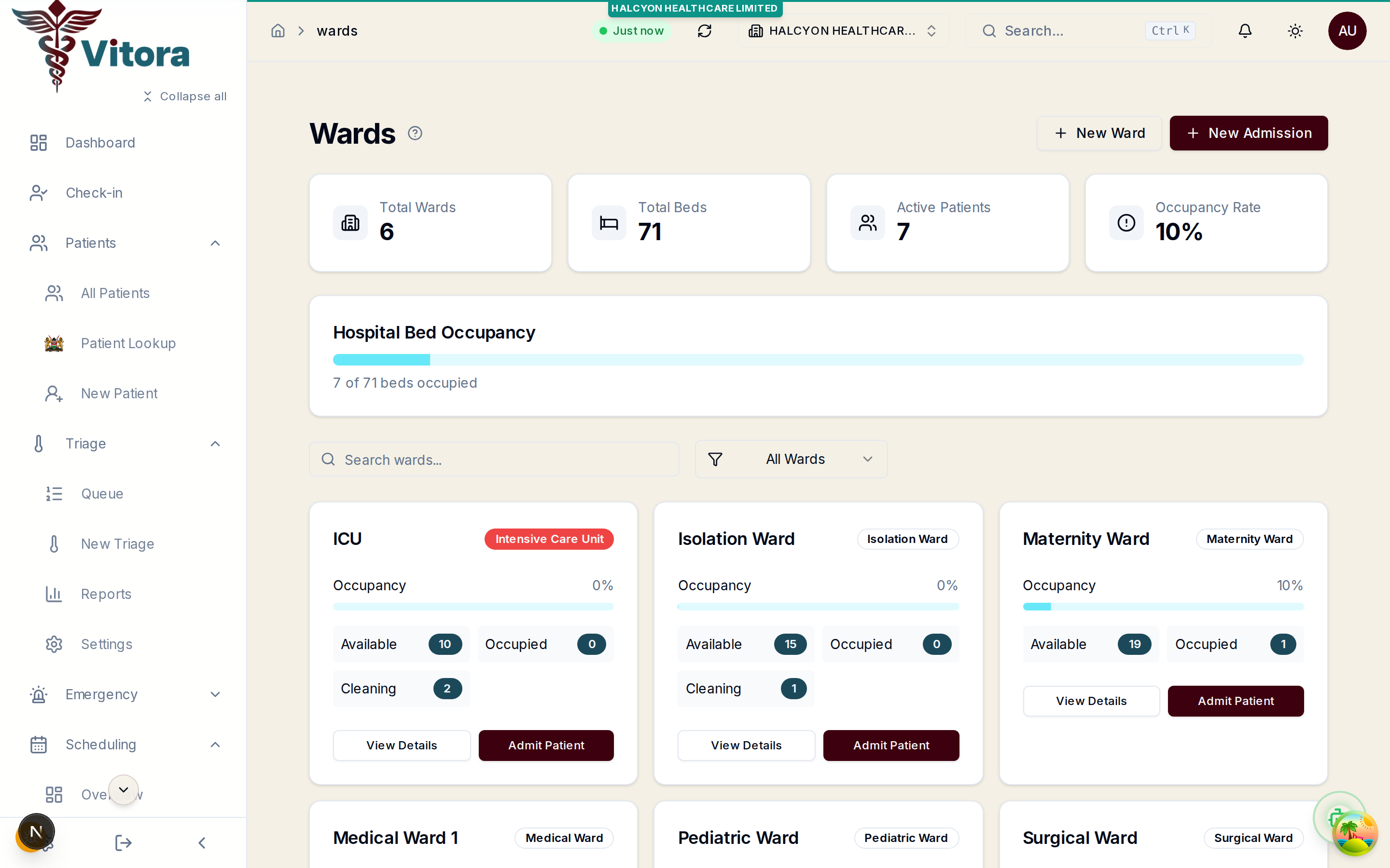Vitora ward dashboards with bed occupancy tracking